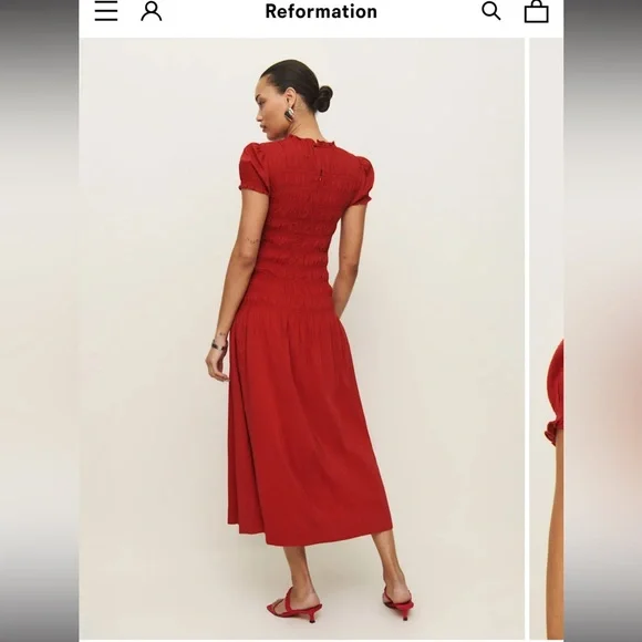 Reformation Kiria Red Smocked Midi Dress - Picture 3 of 4